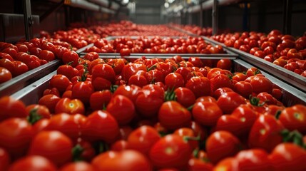 Vibrant red tomatoes piled in large crates within a production facility, highlighting the initial stage of the tomato paste processing industry.