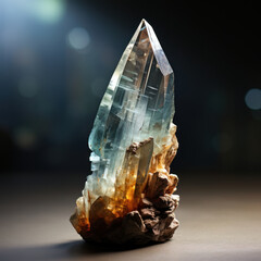 Fototapeta premium close-up of a crystal standing on a dark surface. The crystal has a transparent structure with shades of blue and brown 
