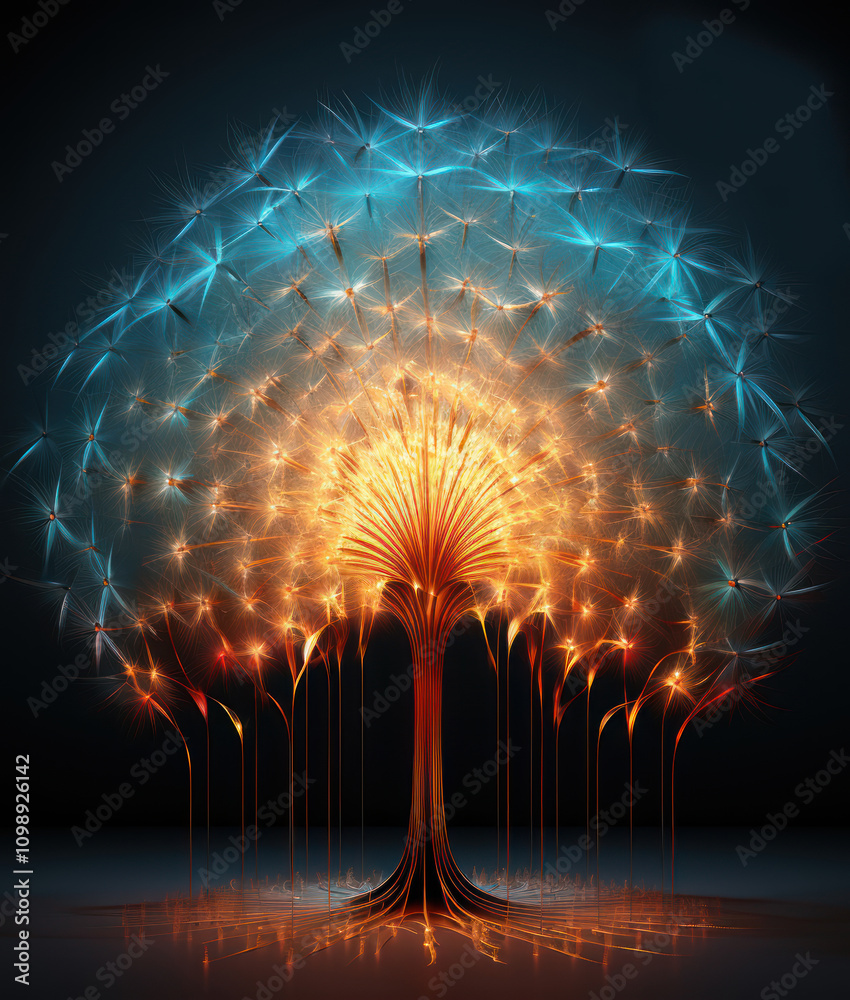 Poster abstract tree made in digital art style. The tree consists of many luminous lines and dots, creating a glowing effect. 