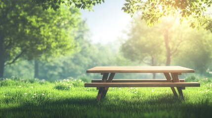 Fototapeta premium Serene wooden picnic table in a vibrant green meadow, bathed in soft sunlight with a backdrop of lush trees and gentle natural surroundings.