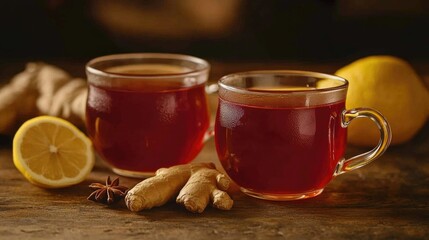 Warm cranberry tea in glass mugs accented with lemon, ginger, and spices, presented on a rustic tabletop for a cozy autumn experience.