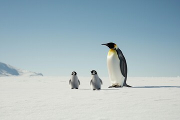 family of emperor penguins in artic with blue sky, iceberg and ice, antarctica