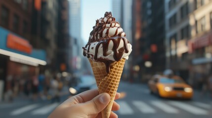 A hand holding a delicious ice cream cone drizzled with rich chocolate sauce against a blurred urban backdrop with bustling city activity.