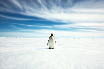 Obraz premium emperor penguin in artic with blue sky, iceberg and ice, antarctica