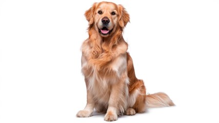 Golden retriever sitting, smiling on a white background.
