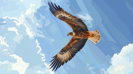 Obraz premium A cartoon illustration of an eagle soaring high in the sky with fluffy white clouds.