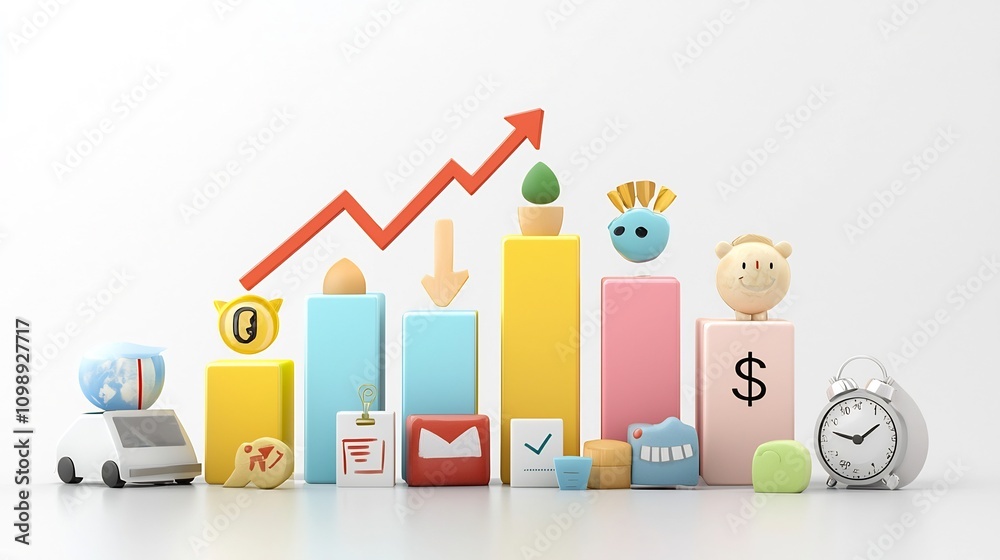 Poster Vibrant and dynamic 3D showcasing detailed data analysis with colorful bar charts growth arrows and other financial visualization elements for business and marketing presentations
