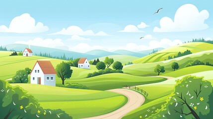 A cartoon illustration of a winding country road through a green valley.
