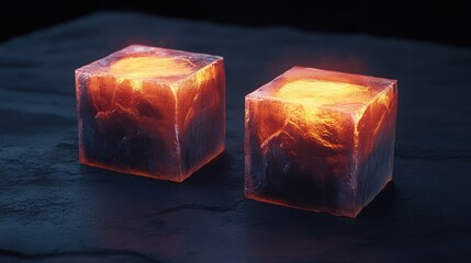 Illuminated 3D cubes with glowing edges resting on a textured dark surface, creating a striking contrast against the deep backdrop.