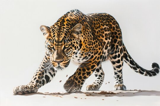 Leopard with evil look is preparing to attack victim. Wild cat with spots on its body. Aggressive leopard on gray background.
