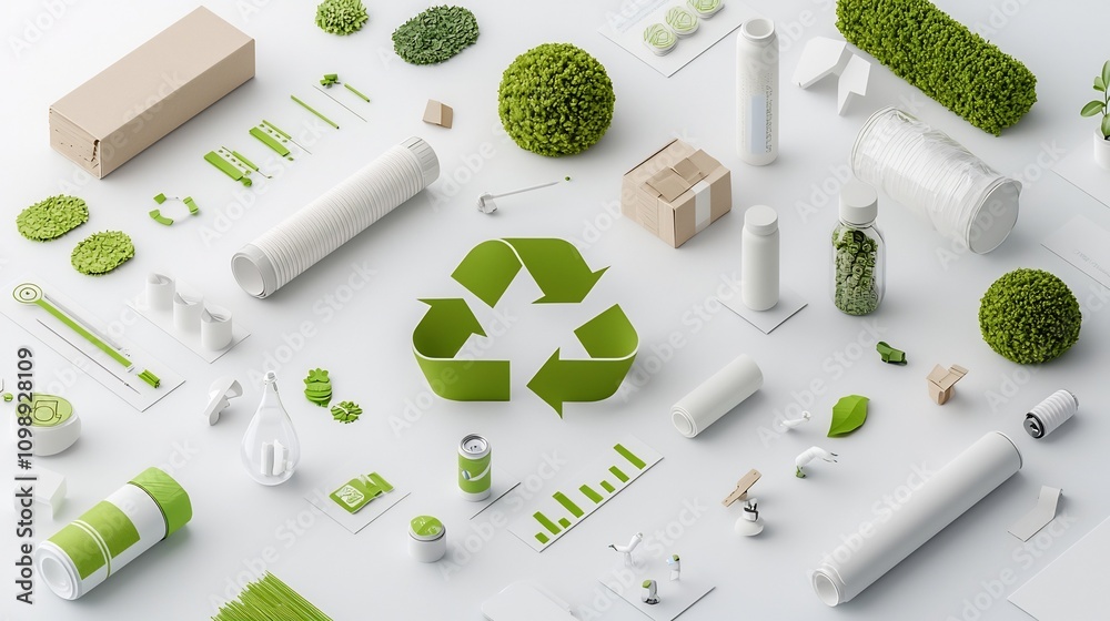 Poster Comprehensive environmental impact analysis visualization with green 3D graphs icons and infographic elements  Showcasing sustainable solutions eco friendly technology