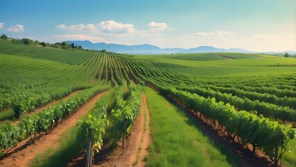 Naklejka premium Rows of vines in a green field for harvesting. ripe fruit to make high-quality wines. AI that is generative.