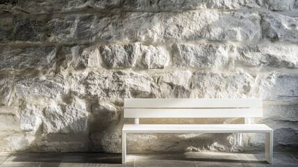 Minimalist white bench against a textured stone wall bathed in soft natural light showcasing a serene and contemporary interior aesthetic.