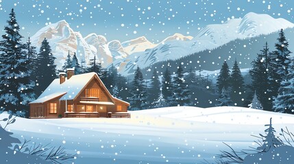 Fototapeta premium A cozy cabin in a snowy mountain landscape with falling snow.