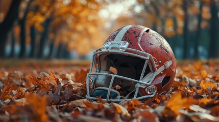 Vintage Football Helmet on Autumn Leaves in a Scenic Park Setting with Warm Fall Colors and Soft Focus Background