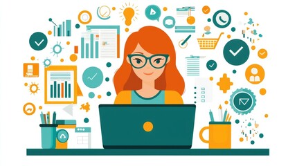 Fototapeta premium Woman Working on Laptop Surrounded by Colorful Icons Representing Technology, Business, and Creativity in a Modern Flat Design Illustration