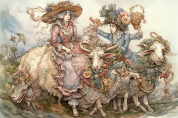 watercolor painting in the Rococo style depicting two elegant ladies riding sheep and goats, decorated with garlands of flowers.  