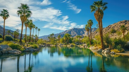 Obraz premium Tranquil desert oasis with palm trees, crystal clear waters, and rugged mountains under a vibrant blue sky, creating a serene retreat in nature.