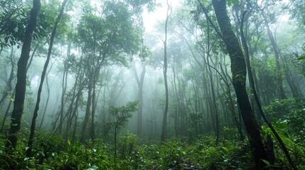 Obraz premium Misty forest scene with towering trees shrouded in fog, creating an ethereal atmosphere among lush undergrowth and diffused light.