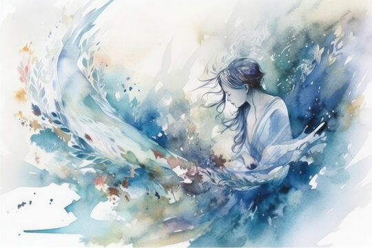 watercolor painting representing a young girl with long hair, deep in thought. Around it, delicate pastel shades of blue, light blue and beige prevail, creating a soft and calm atmosphere. 