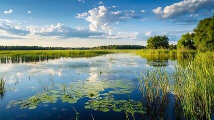 Fototapeta premium Summer lake landscape with lily pads and reeds