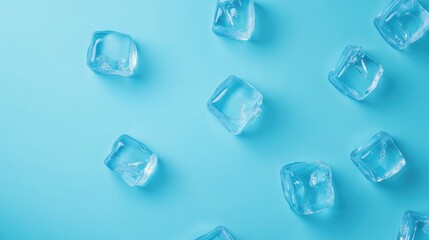 Ice cubes scattered on a vibrant blue surface representing coolness and refreshment, evoking a sense of relaxation and chilling beverages.