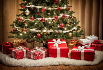 Beautifully wrapped Christmas gifts in red and white sit under a decorated tree adorned with glowing lights and ornaments, creating a cozy festive atmosphere.