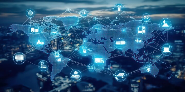 A world map with connected lines representing global business networks, surrounded by icons symbolizing trade and commerce.