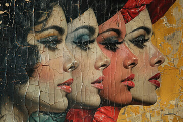 four female profiles arranged in a row. Each profile is designed in a vintage style, with bold makeup and expressive facial features. 