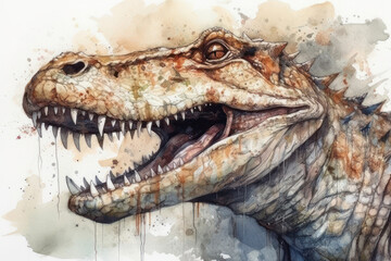 Fototapeta premium dinosaur in profile, made in artistic watercolor style. The dinosaur, likely a Tyrannosaurus rex, has a powerful jaw with sharp teeth, 