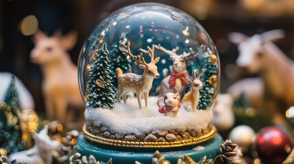 Festive snow globe with playful deer and a dog surrounded by miniature trees and snow, creating a charming winter scene.