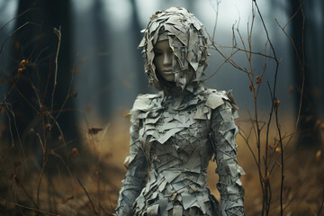 Fototapeta premium a figure in the forest wearing a unique costume completely covered in numerous gray pieces of paper resembling scales. 