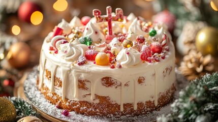 Festive birthday cake decorated with rich icing, colorful toppings, and holiday-themed ornaments, set against a warm, twinkling background.