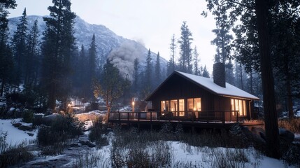 Cozy cabin in snowy mountains at dusk.
