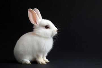 Obraz premium the beside view baby Flemish Gian rabbit standing, left side view, low angle, white copy space on right, Isolated on black Background