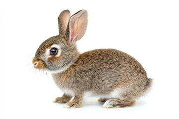 Obraz premium the beside view baby Rex rabbit standing, left side view, low angle, white copy space on right, Isolated on White Background