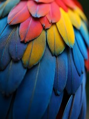Obraz premium a multicolored feather of a bird; a mix of blue, yellow, red, purple, pink, green colors