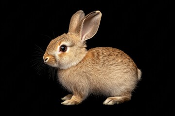Obraz premium the beside view baby Flemish Gian rabbit standing, left side view, low angle, white copy space on right, Isolated on black Background