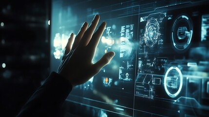 Futuristic hand interacts with advanced industrial interface, symbolizing technology innovation, smart factories, and Industry 4.0.