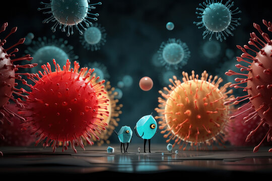 close-up of viral particles. In the center of the composition, large spherical viruses with red and orange spikes stand out. 