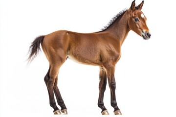 Obraz premium the beside view Thoroughbred foal standing, left side view, low angle, white copy space on right, Isolated on White Background