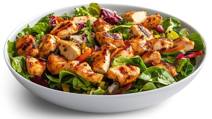 Colorful salad with grilled chicken breast, fresh greens, and vibrant veggies, perfect for a light meal focusing on healthy eating and weight loss.