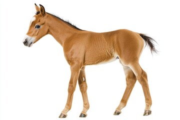 Obraz premium the beside view Thoroughbred foal standing, left side view, low angle, white copy space on right, Isolated on White Background
