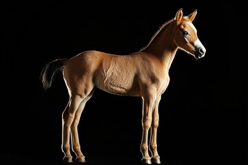 Fototapeta premium the beside view Thoroughbred foal standing, left side view, low angle, white copy space on right, Isolated on black Background