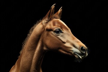 Fototapeta premium Mystic portrait of baby Arabian Horse in studio, copy space on right side, Headshot, Close-up View, isolated on black background