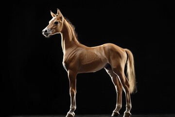Fototapeta premium the beside view baby Arabian Horse standing, left side view, low angle, white copy space on right, Isolated on black Background