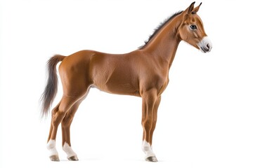 Obraz premium the beside view baby Arabian Horse standing, left side view, low angle, white copy space on right, Isolated on White Background