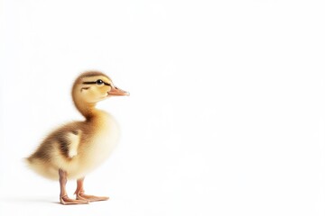Obraz premium the beside view Rouen Duckling standing, left side view, low angle, white copy space on right, Isolated on White Background
