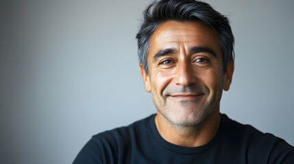 Obraz premium Smiling Middle-Aged Man with Gray Hair Against a Neutral Background in Casual Attire