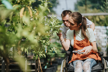 A young woman in a wheelchair and a man with Down syndrome enjoy gardening together, surrounded by lush greenery. Their teamwork and joy are evident in this inclusive outdoor setting.